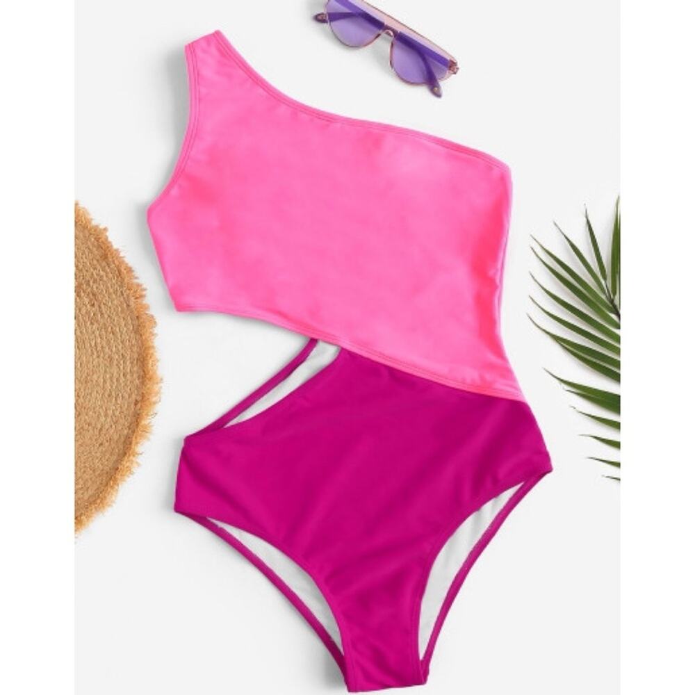 AMAZON • Pink Colorblock One Shoulder One Piece Swimsuit